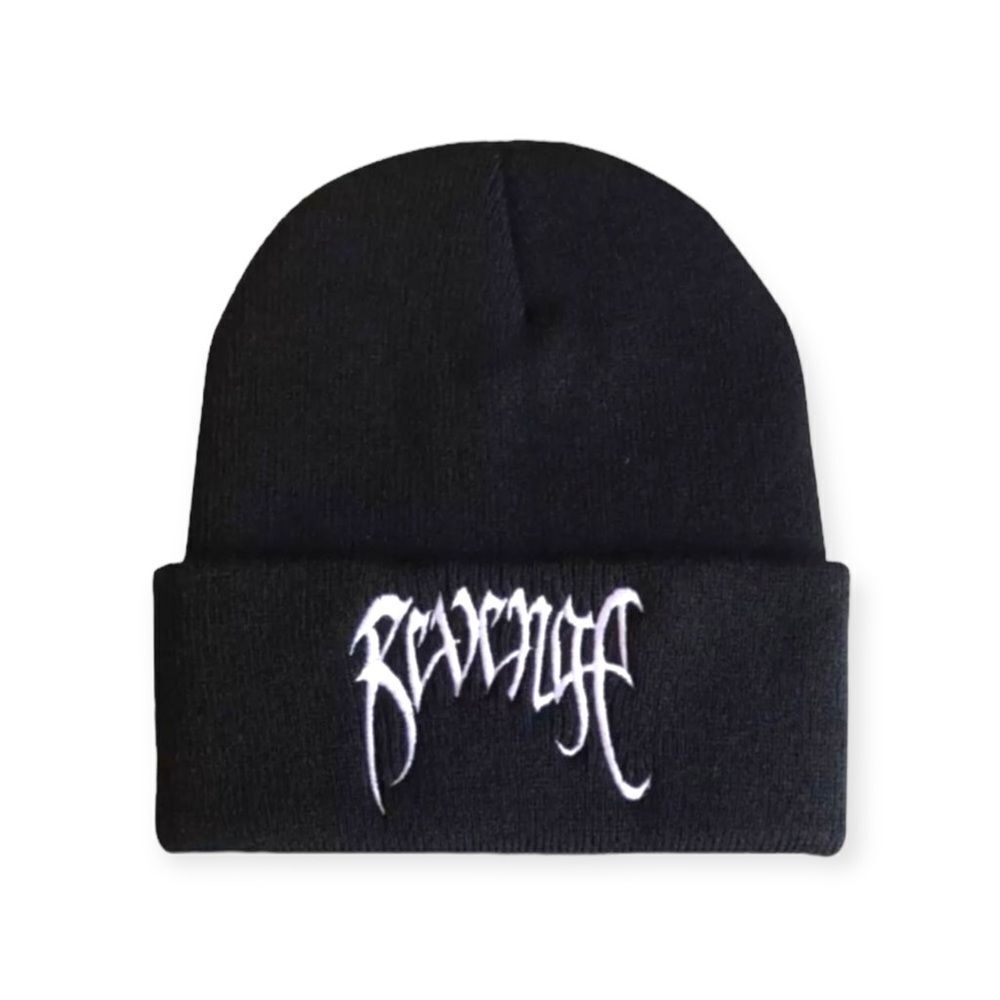 Black Rib Knit Embroidered Revenge Beanie Hat NEW
